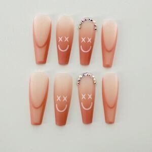 24Pc Pink Long Smile Face 3D Rhinestone Nails
